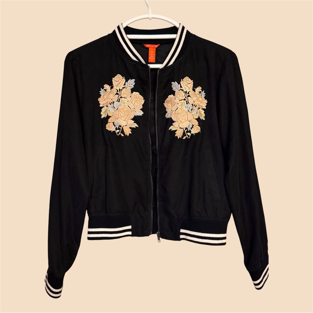 Chelsea & Violet Black Bomber Jacket with Floral Embroidery
